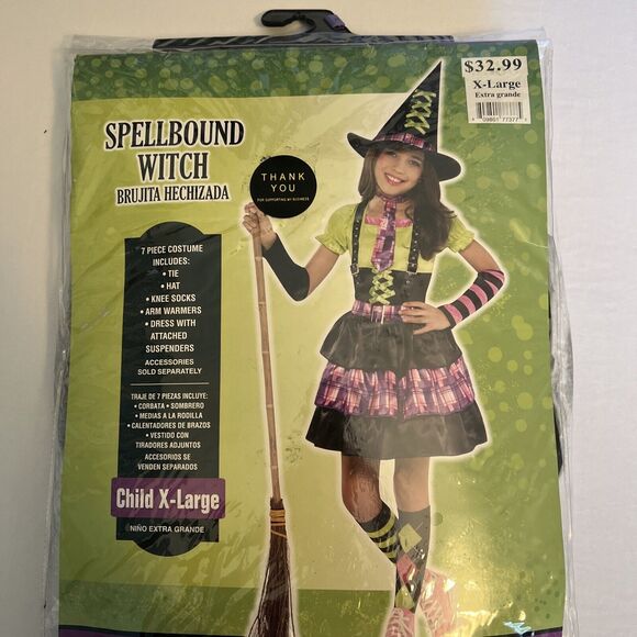 Spellbound Witch Halloween Costume Child XL 12-14, 7 PCs: Dress, Hat, Socks, .. - Picture 1 of 15